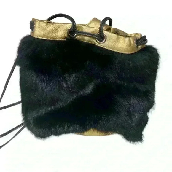 Foley & Corinna Faux Fur Black Handbag Purse Gold trim Special Occasion Fun - Picture 8 of 15